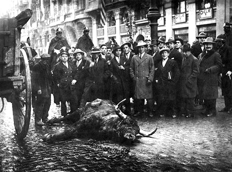 1928. El fortuna mata a un toro escapado en la Gran Vía